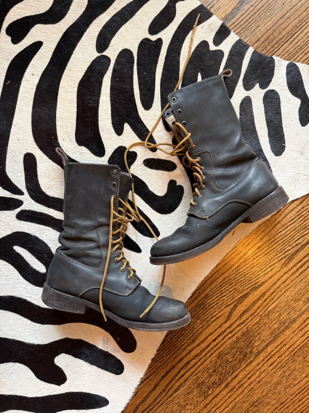 John Fluevog Black Lace-Up Boots with Yellow Laces